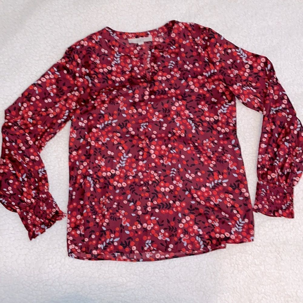 Loft long sleeve print blouse autumn floral with velvety button notch neck Small